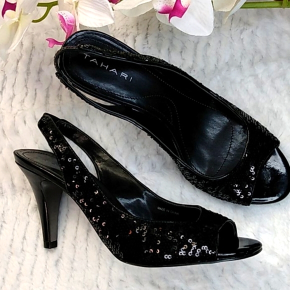Tahari Shoes - Tahari Sharon Black Sequins Slingback Heels
